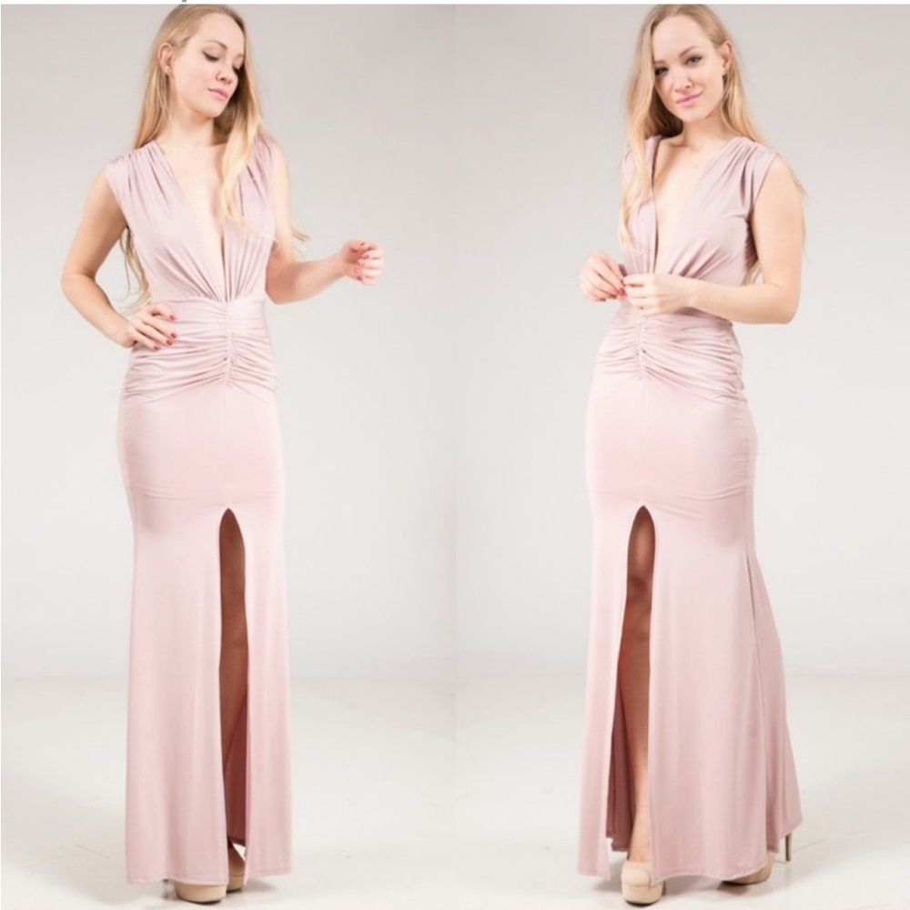Elegant Deep V Neck Pink Sleeveless Maxi Dress - Picture 2 of 3